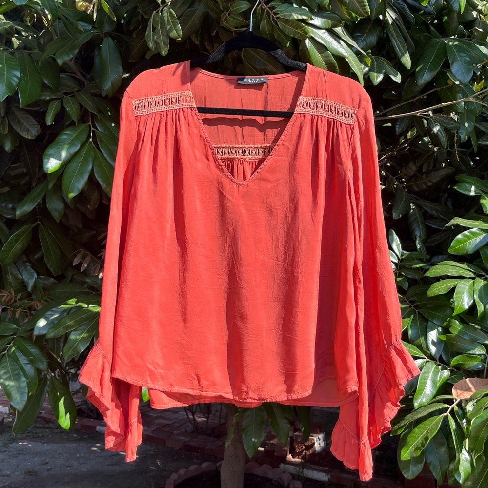 MAVEN WEST rust coral orange v neck lattice lace trim bell‎ sleeve blouse
